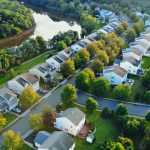 View of the sleeping area from above panorama from a height Top view of the river by trees and meadows